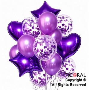 SET DE GLOBOS METALIZADOS ESTRELLA CORAZON CONFETI Y LATEX VIOLETA x 14 UNIDADES